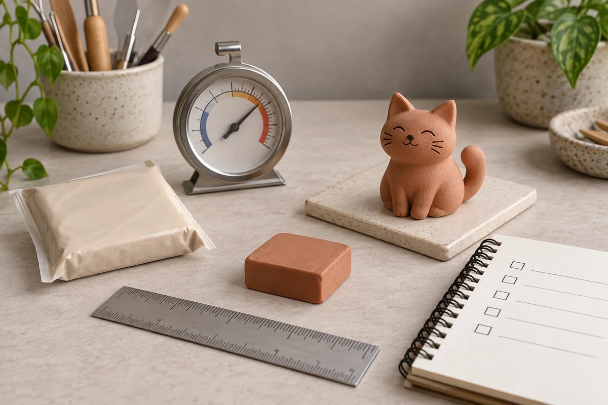 Clay cat on a tile beside an oven thermometer and a blank material packet