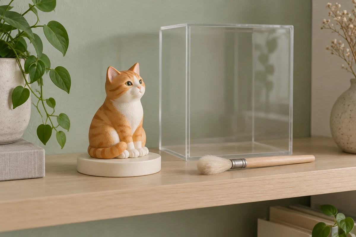 A small cat figure with a soft dusting brush and clear display cover