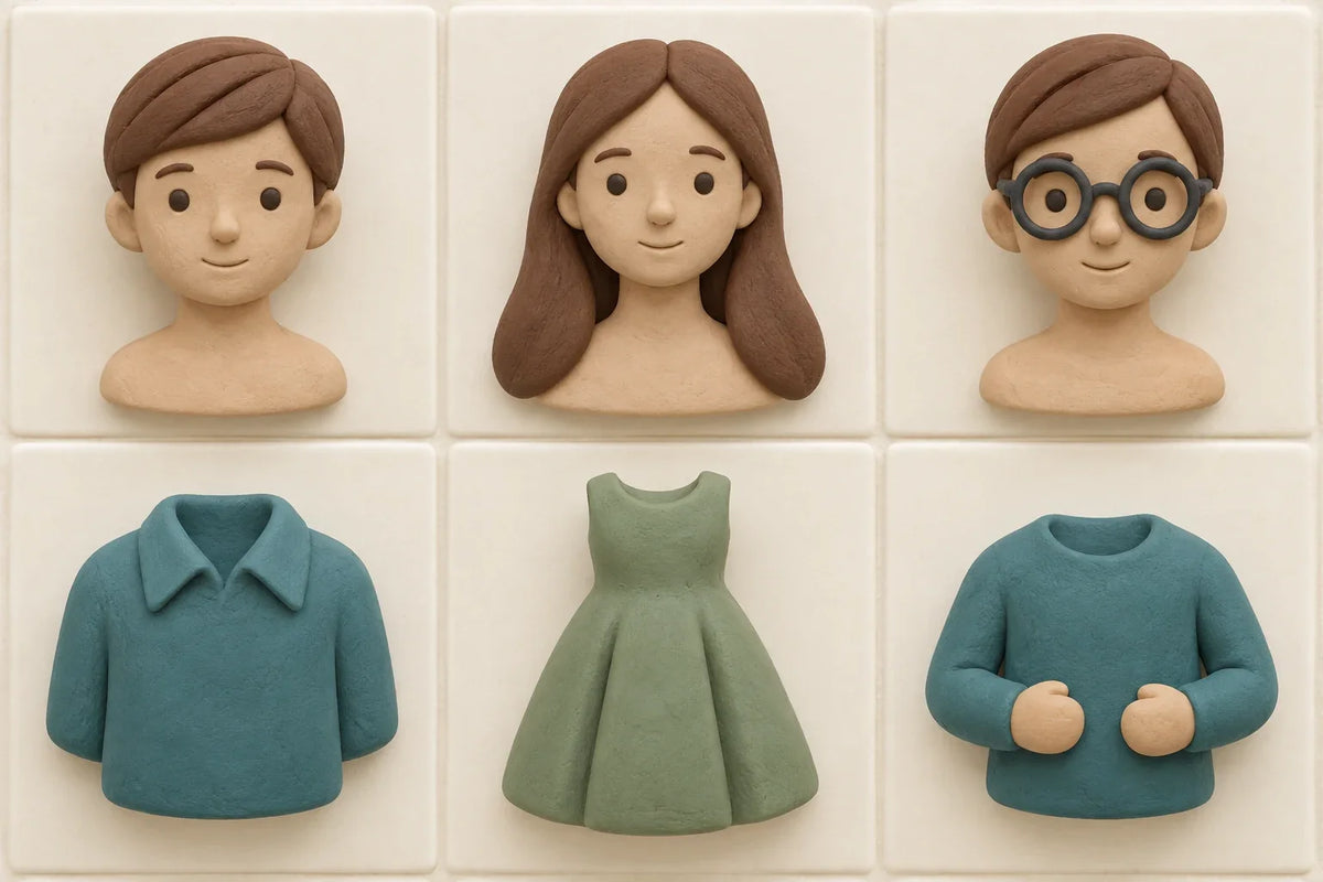 Études en pâte : cheveux courts, cheveux longs, lunettes épaisses, col de chemise, larges plis de robe et bras soutenus