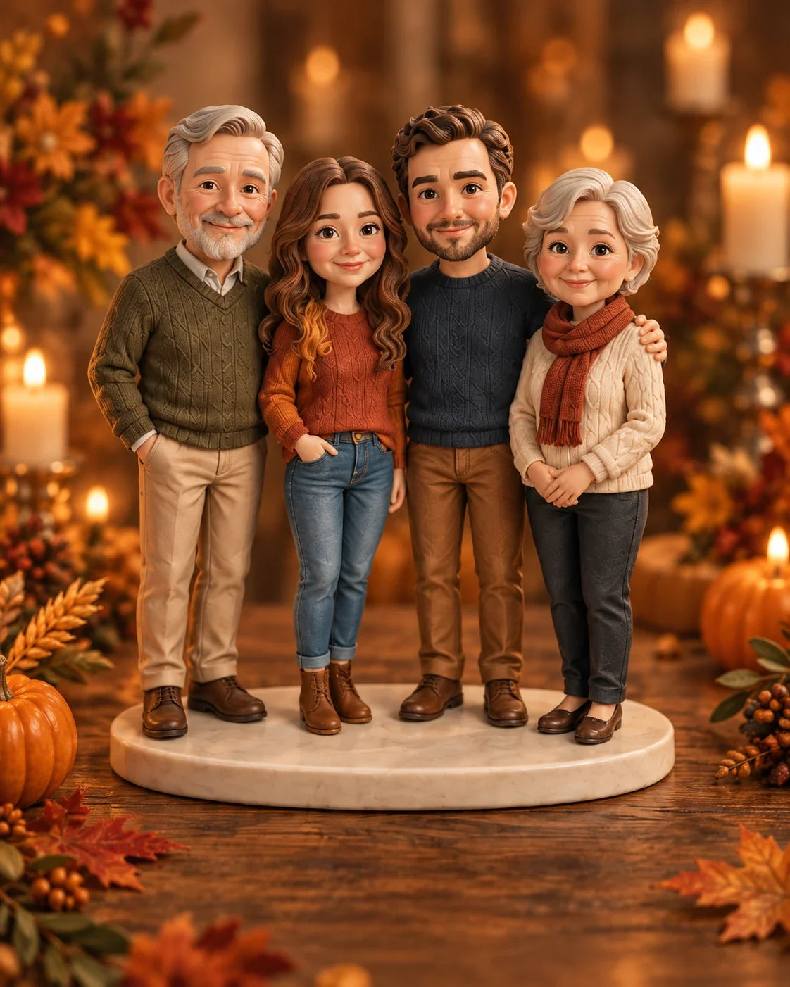 Thanksgiving figure design with 4 characters in a styled setting
