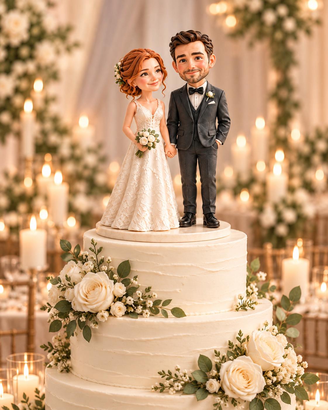 Bride and groom cake topper figurines on top of a white wedding cake
