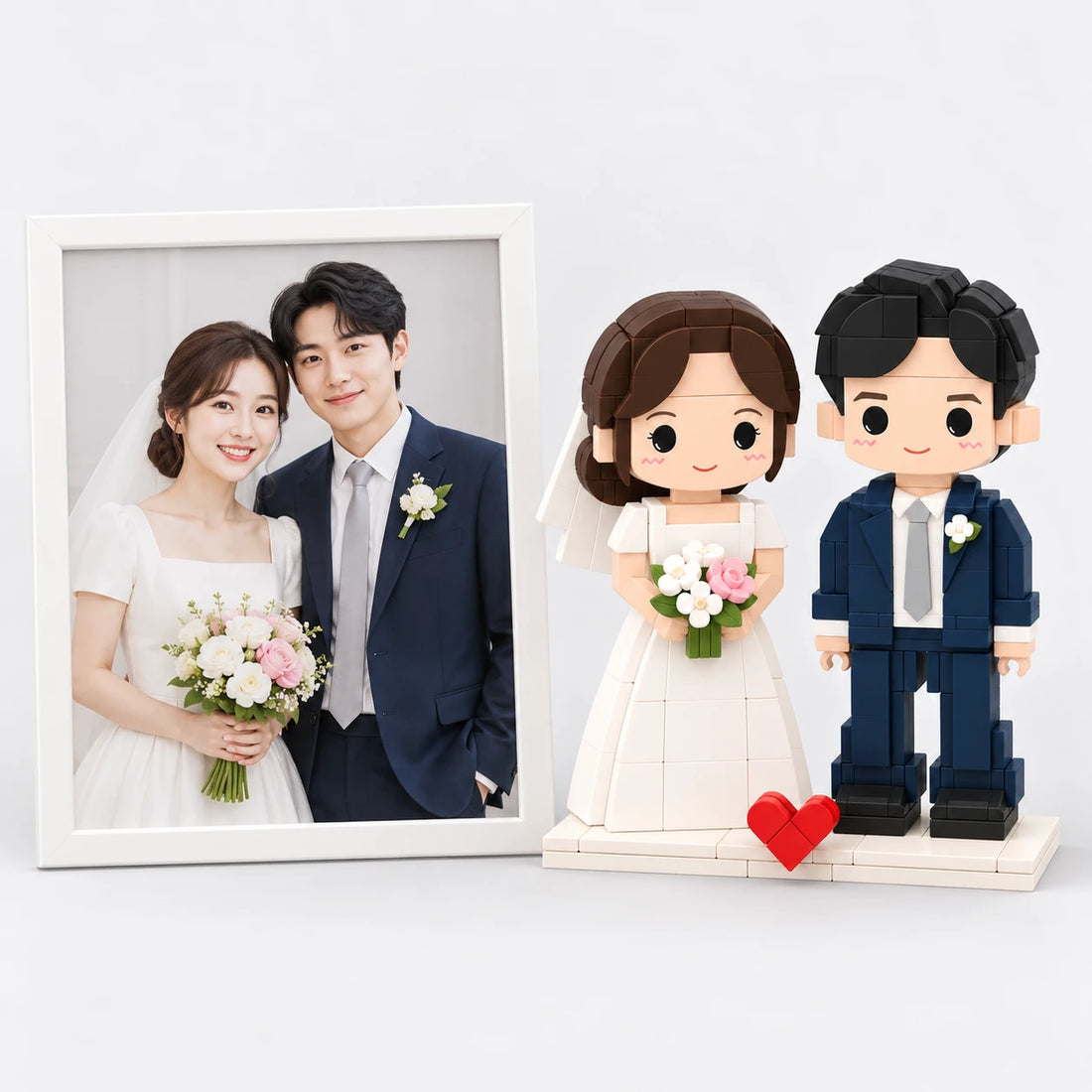 A cake topper photo beside the matching brick figures (AI illustration of a fictional photo)