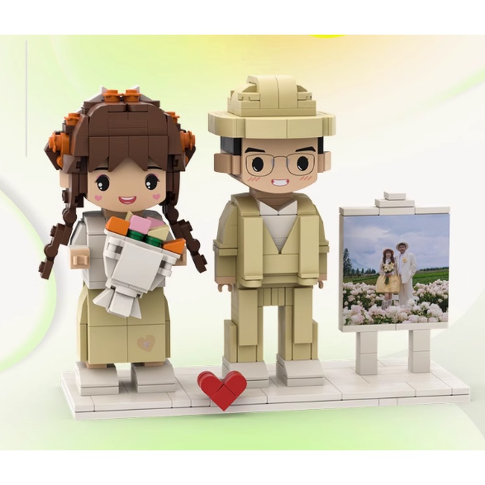 The Duo + Photo Frame — hand-built brick figure from your photo
