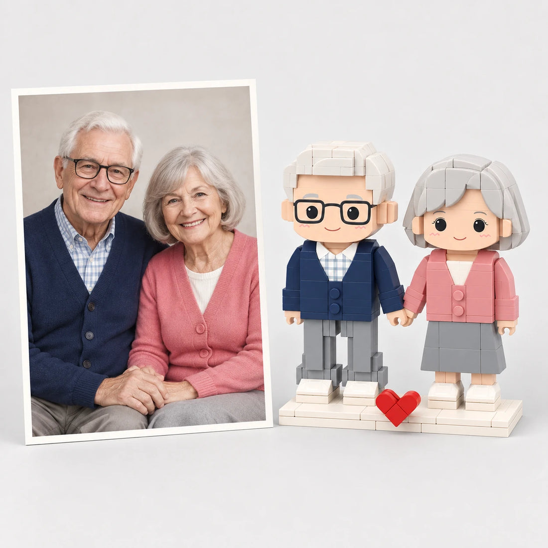 A grandparents photo beside the matching brick figures (AI illustration of a fictional family photo)
