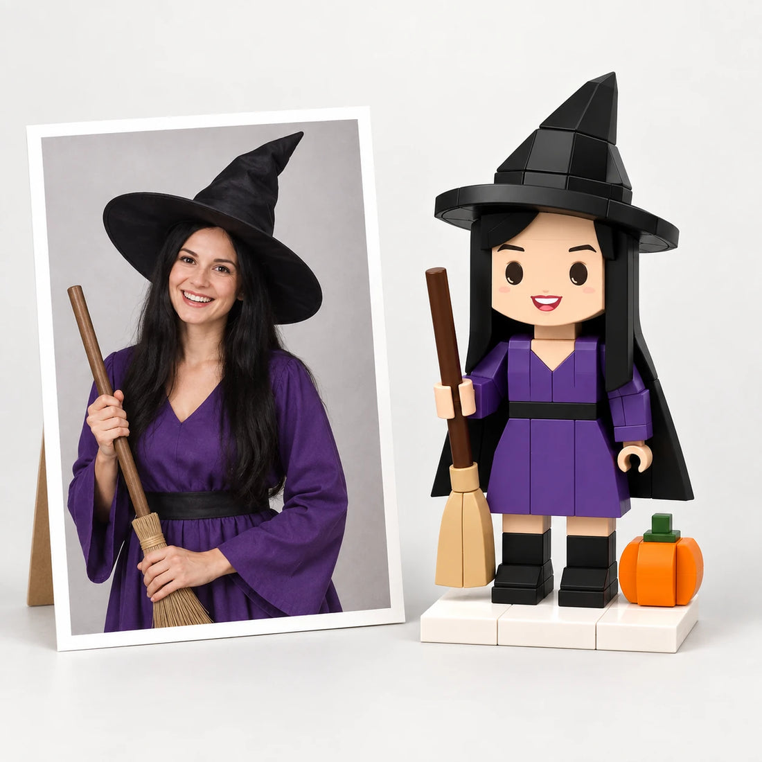 A halloween photo beside the matching brick figures (AI illustration of a fictional family photo)