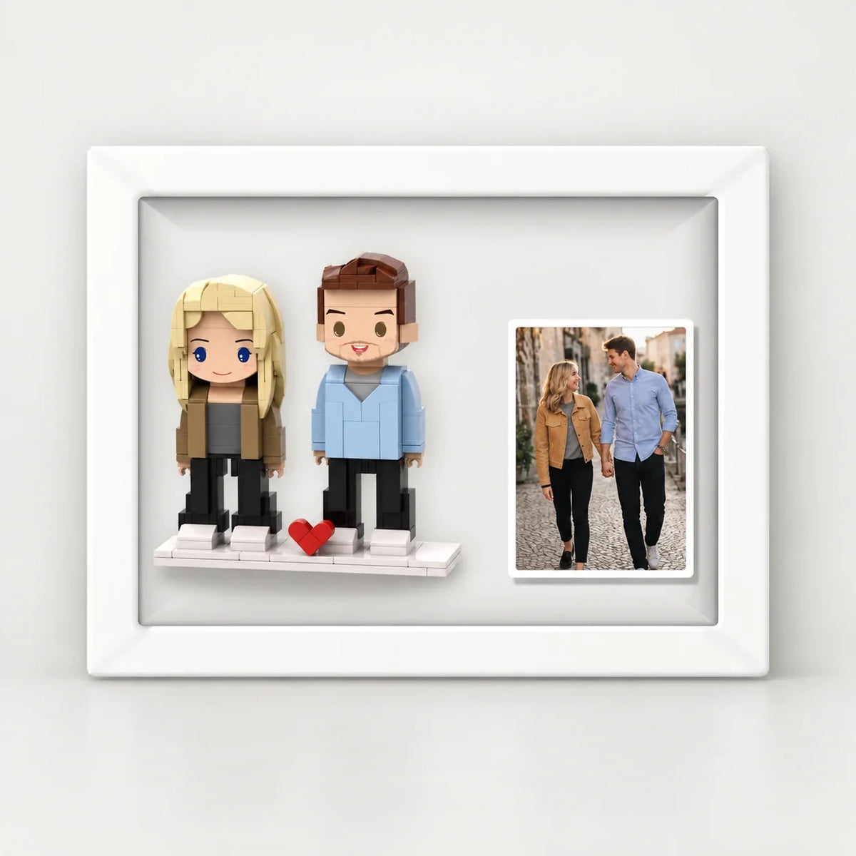 Framed Duo — White frame. AI design illustration; your own photos guide the approved build.
