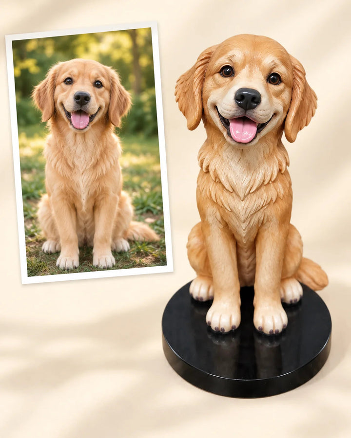 3D Pet — AI comparison. AI comparison example with a fictional pet portrait, not an original customer photo.