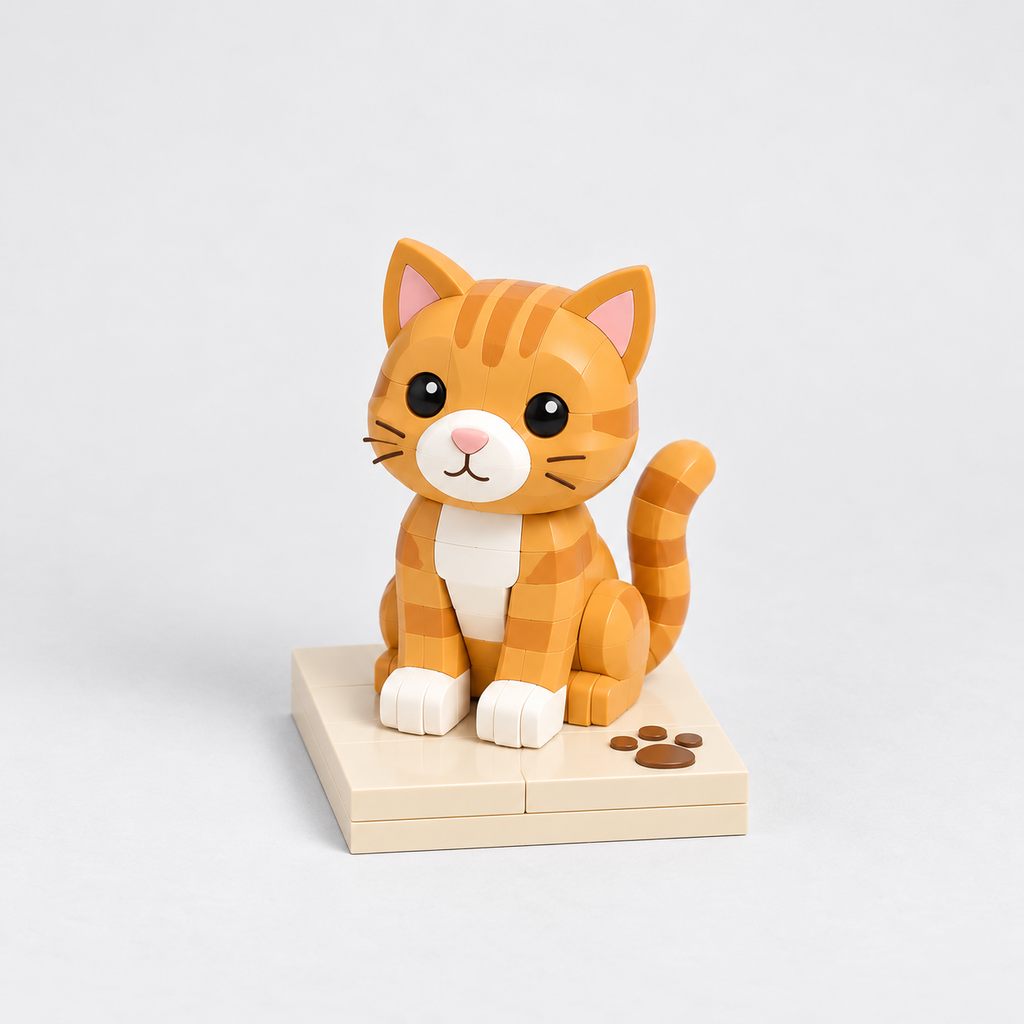 Mini Katze: Bausteinfigur einer Katze auf hellem Sockel