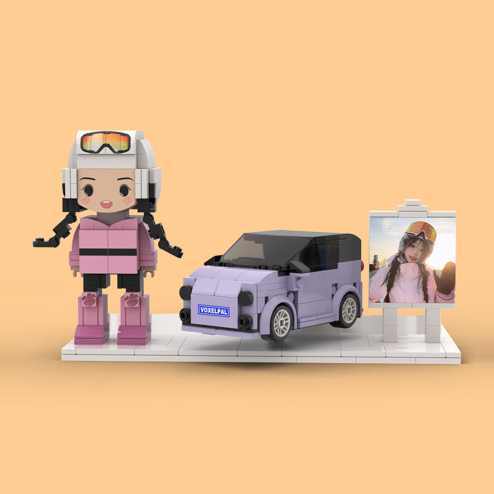 Mini You + Car — hand-built brick figure from your photo