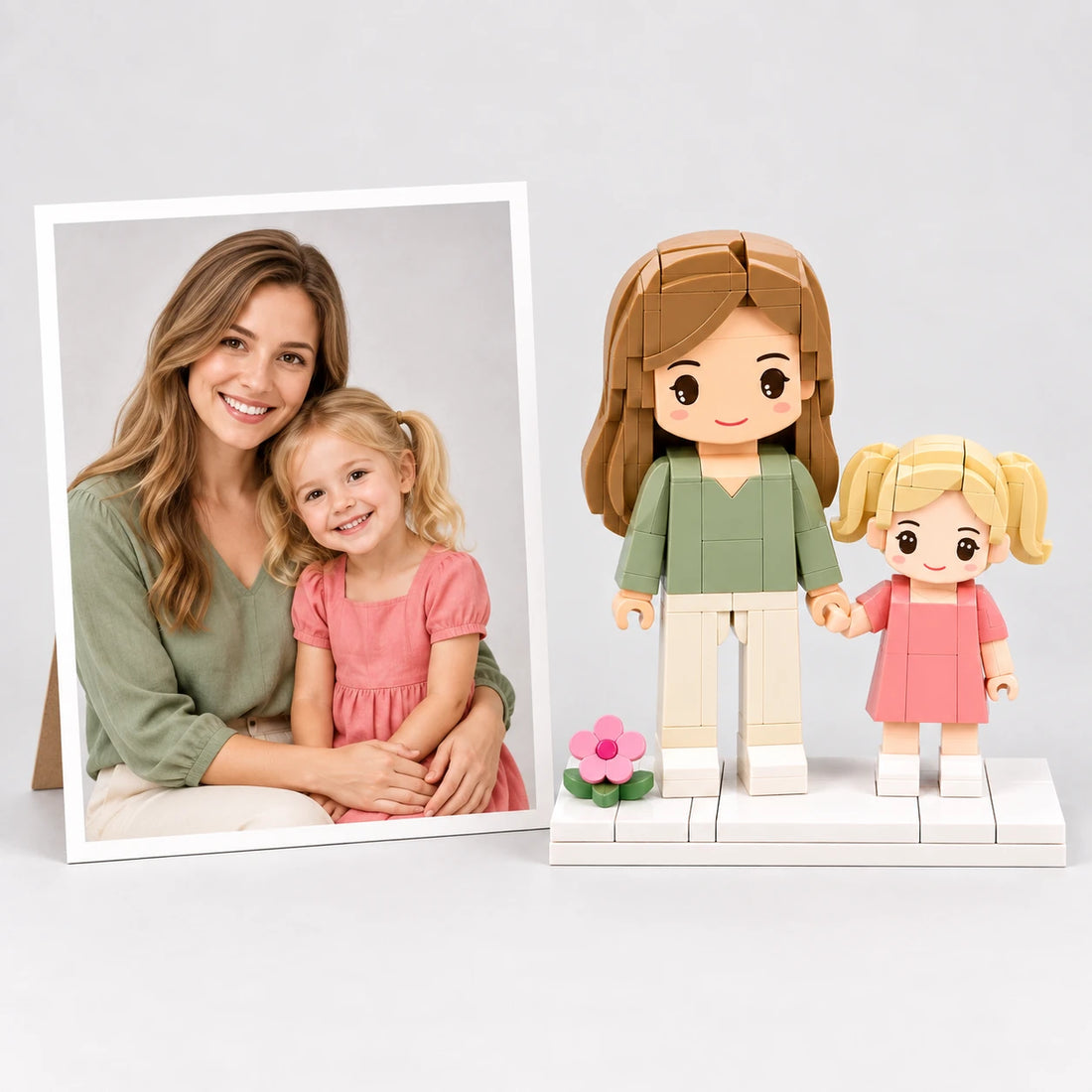 A mother's day photo beside the matching brick figures (AI illustration of a fictional family photo)
