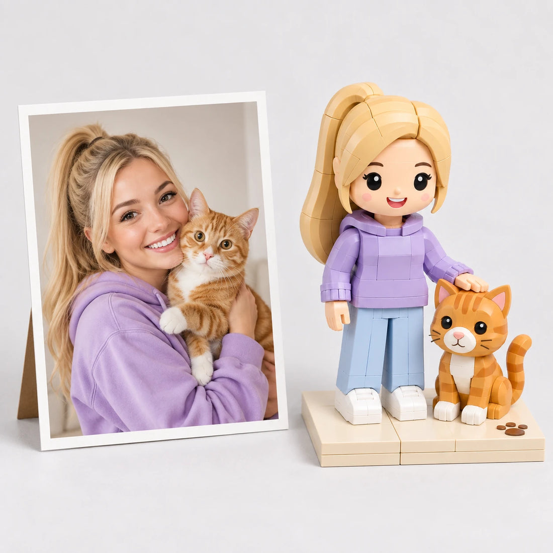Une photo avec un animal à côté des figurines en briques assorties (illustration générée par IA d’une photo fictive)