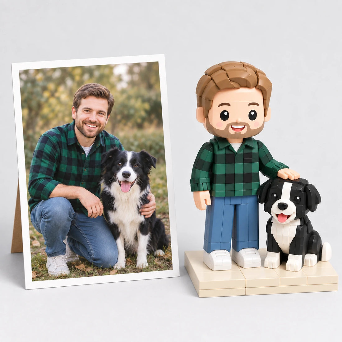 Ein Erinnerungsfoto mit Haustier neben den passenden Bausteinfiguren (KI-Illustration eines fiktiven Fotos)