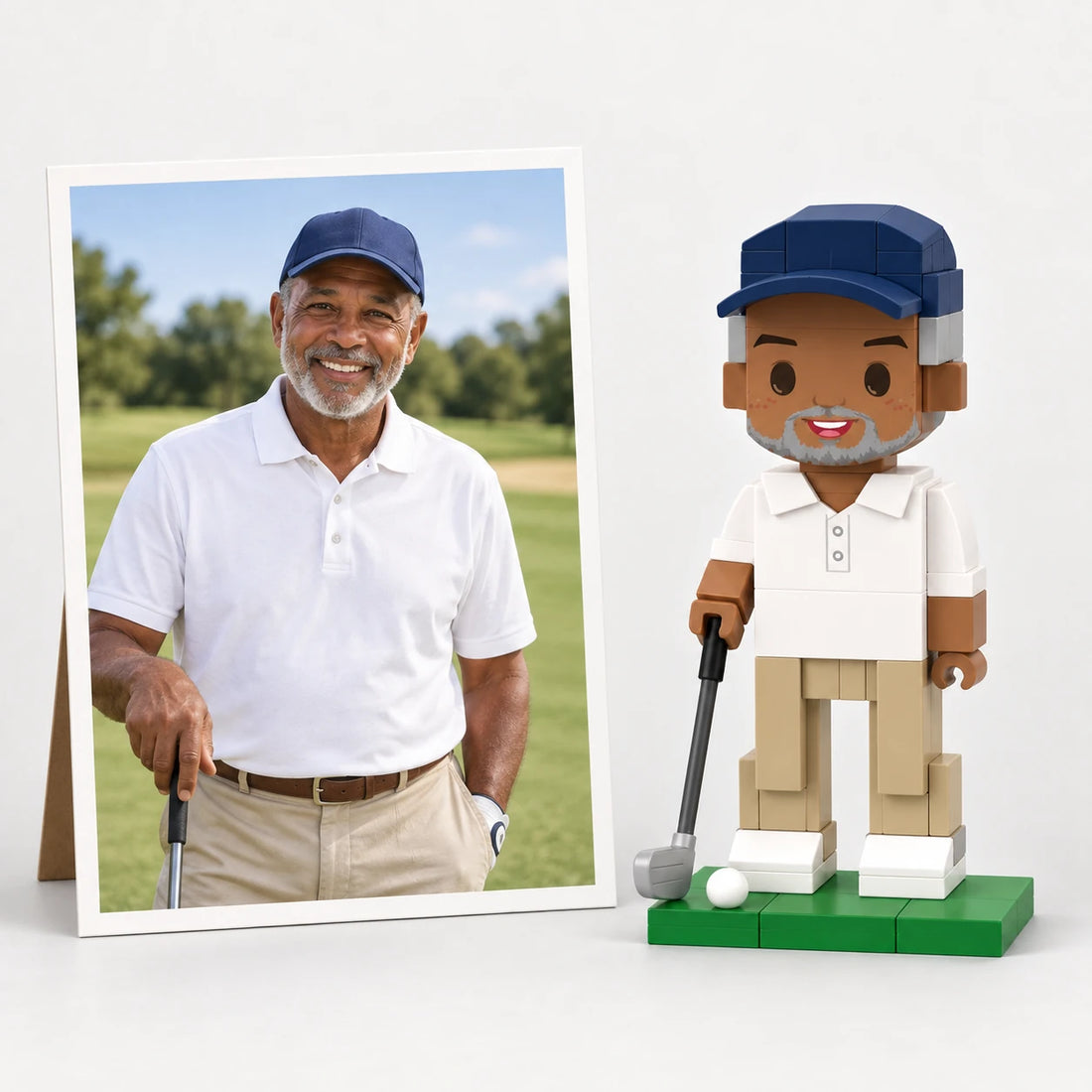 A retirement photo beside the matching brick figures (AI illustration of a fictional family photo)