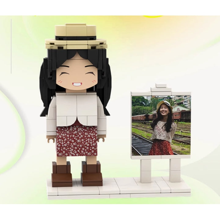 Mini You + Photo Frame — hand-built brick figure from your photo