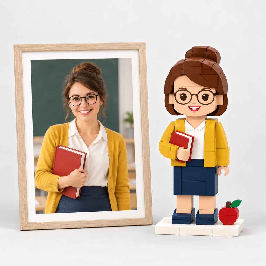 A teacher photo beside the matching brick figure (AI illustration of a fictional photo)