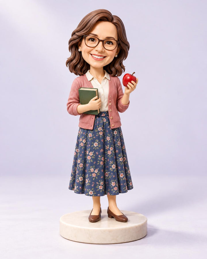Sculpted teacher figurine with glasses holding a book and an apple
