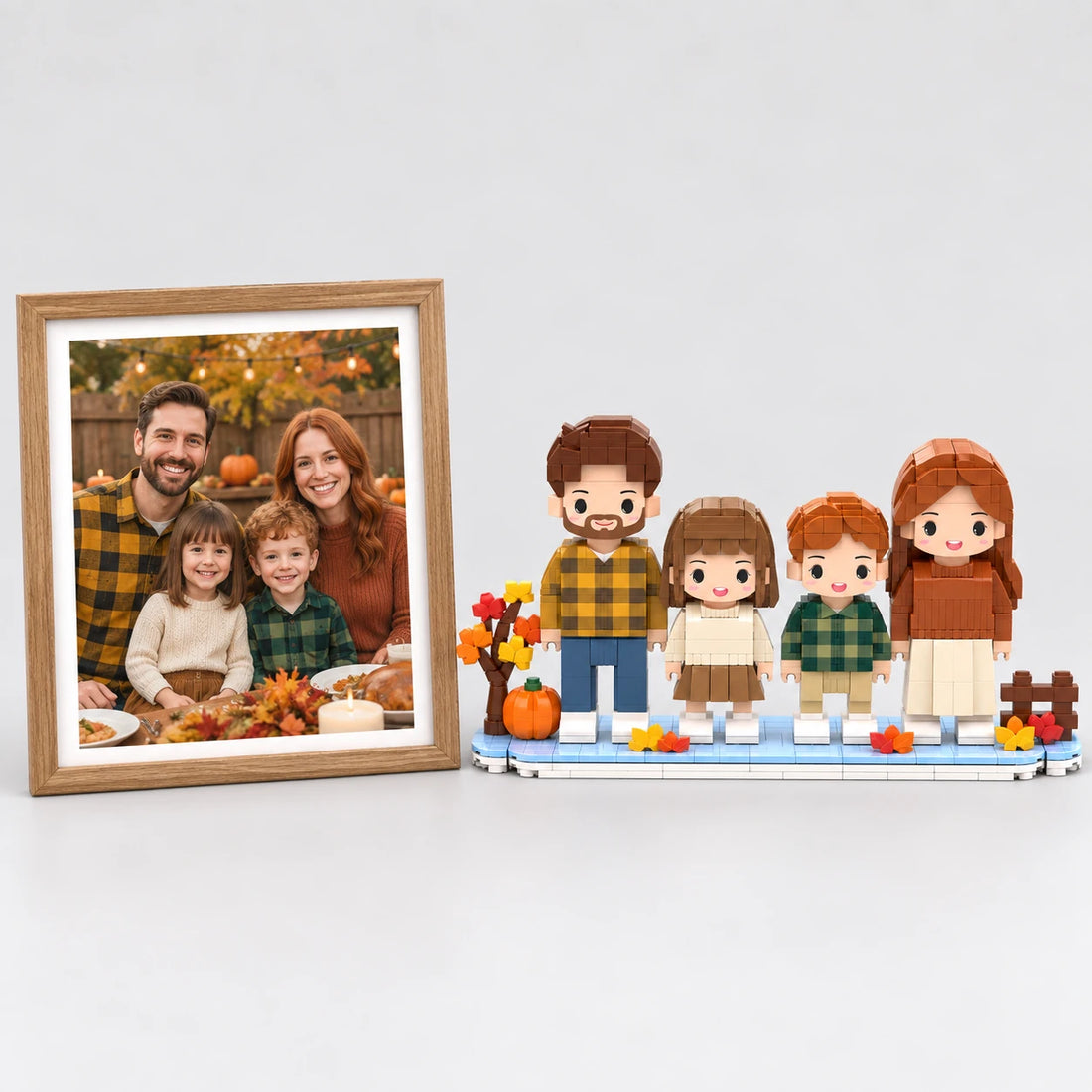 A thanksgiving photo beside the matching brick figures (AI illustration of a fictional family photo)