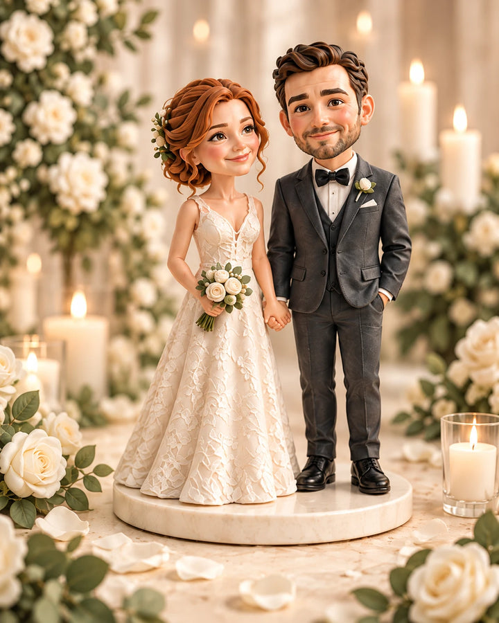 Figurines de mariage personnalisées pour 2 personnes — illustration de design de la figurine terminée, sculptée d’après votre photo