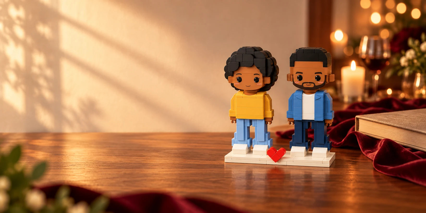 Anniversaire de couple : figurines en briques dans une mise en scène d’illustration