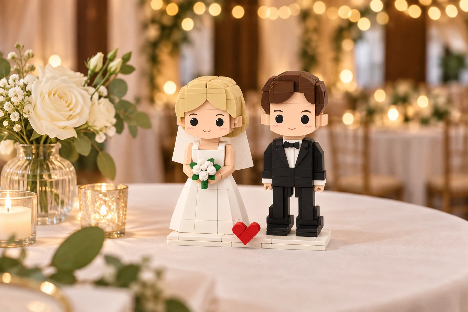 Brick wedding couple styled with roses and candlelight on a wedding table