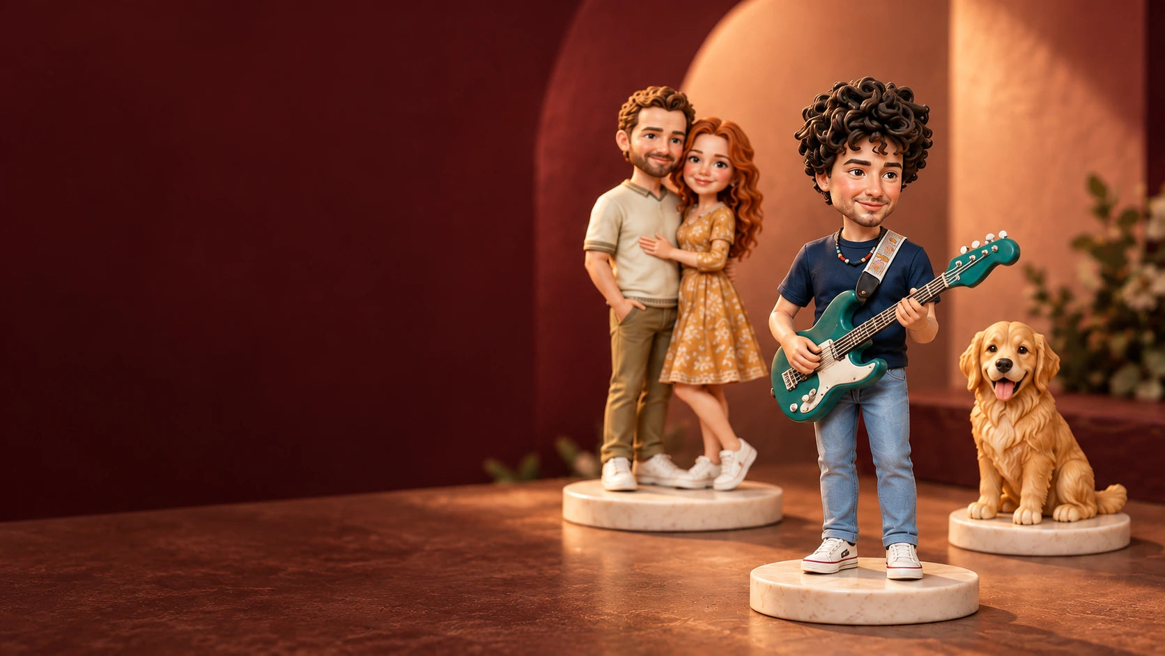 Custom collectible figurines in a gallery studio scene — AI design illustration