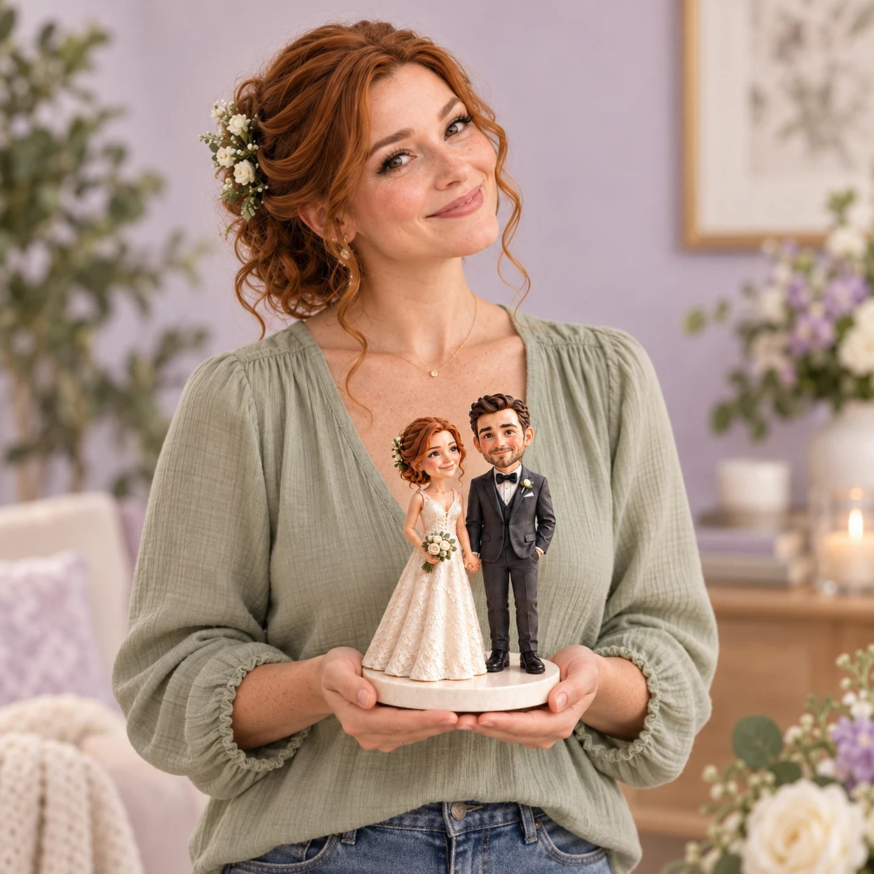 Eine lächelnde fiktive Frau hält ihre Hochzeitspaar-Figur – KI-Lifestyle-Illustration