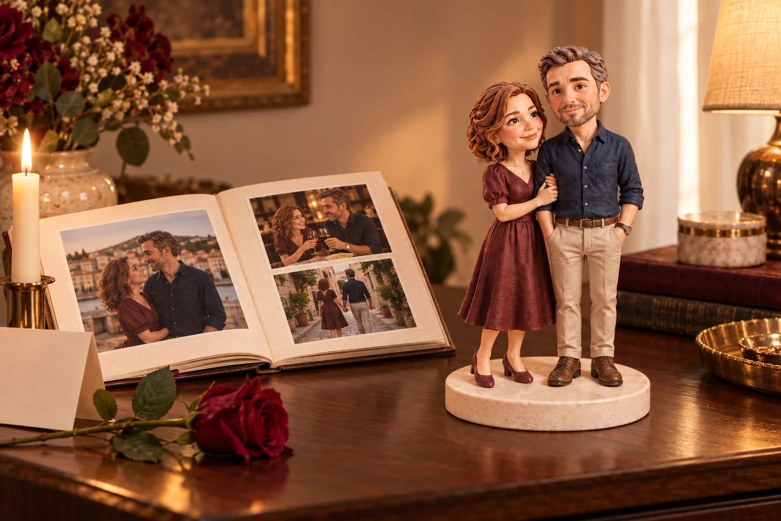 Illustrazione di ambientazione generata con IA: statuette di una coppia per l’anniversario accanto a un album fotografico in casa