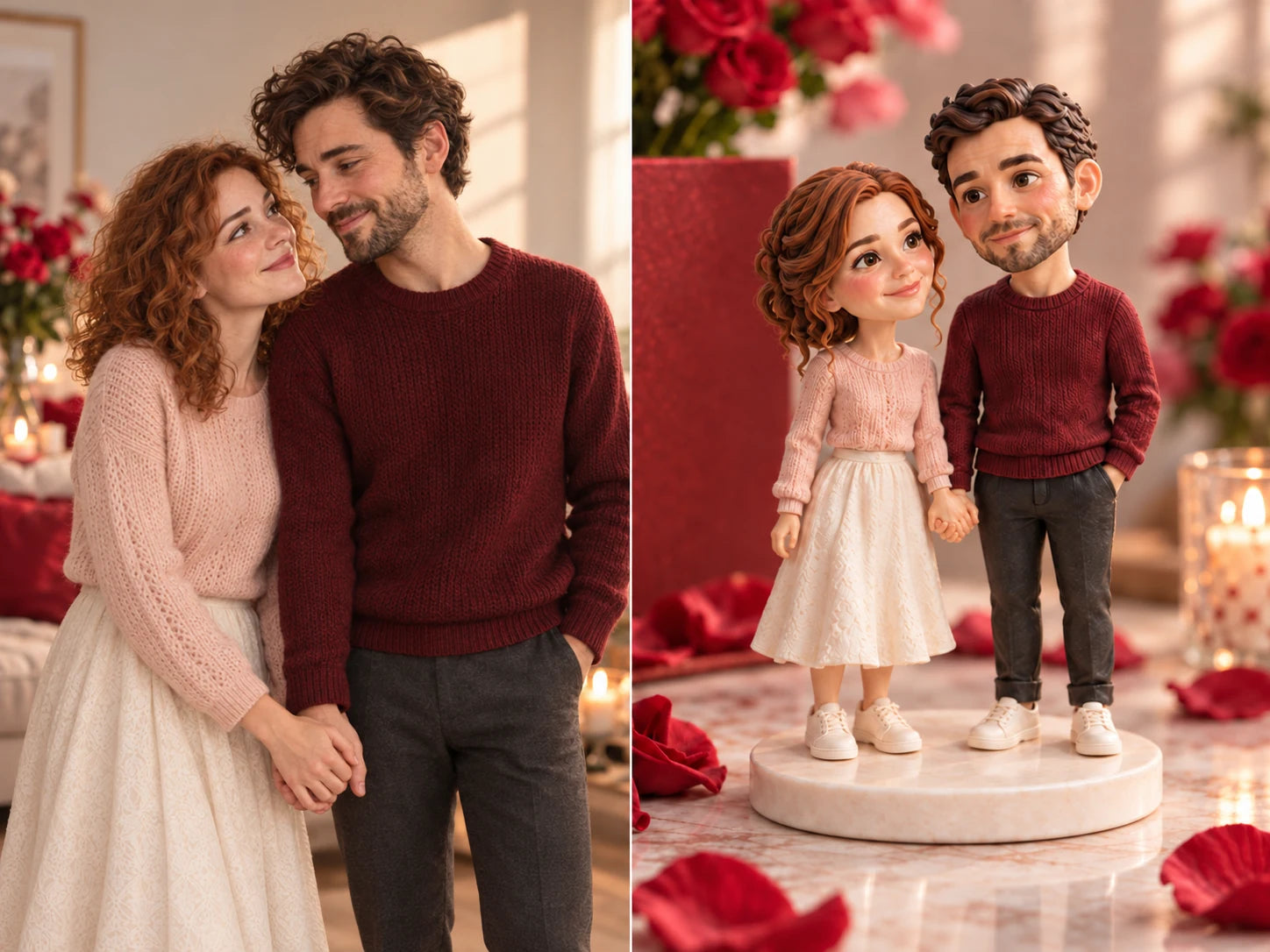 Exemple généré par IA : photo de référence fictive à côté de son design de figurine