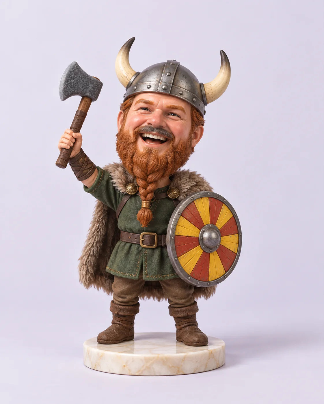 Horned Hero — Studio design. AI design illustration. Your own photos guide the face, outfit and details. Head movement is confirmed with you before we start.