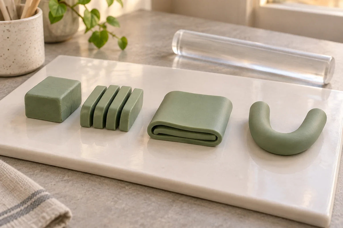 Sage clay shown as a block, slices, folded sheet and smooth bent coil
