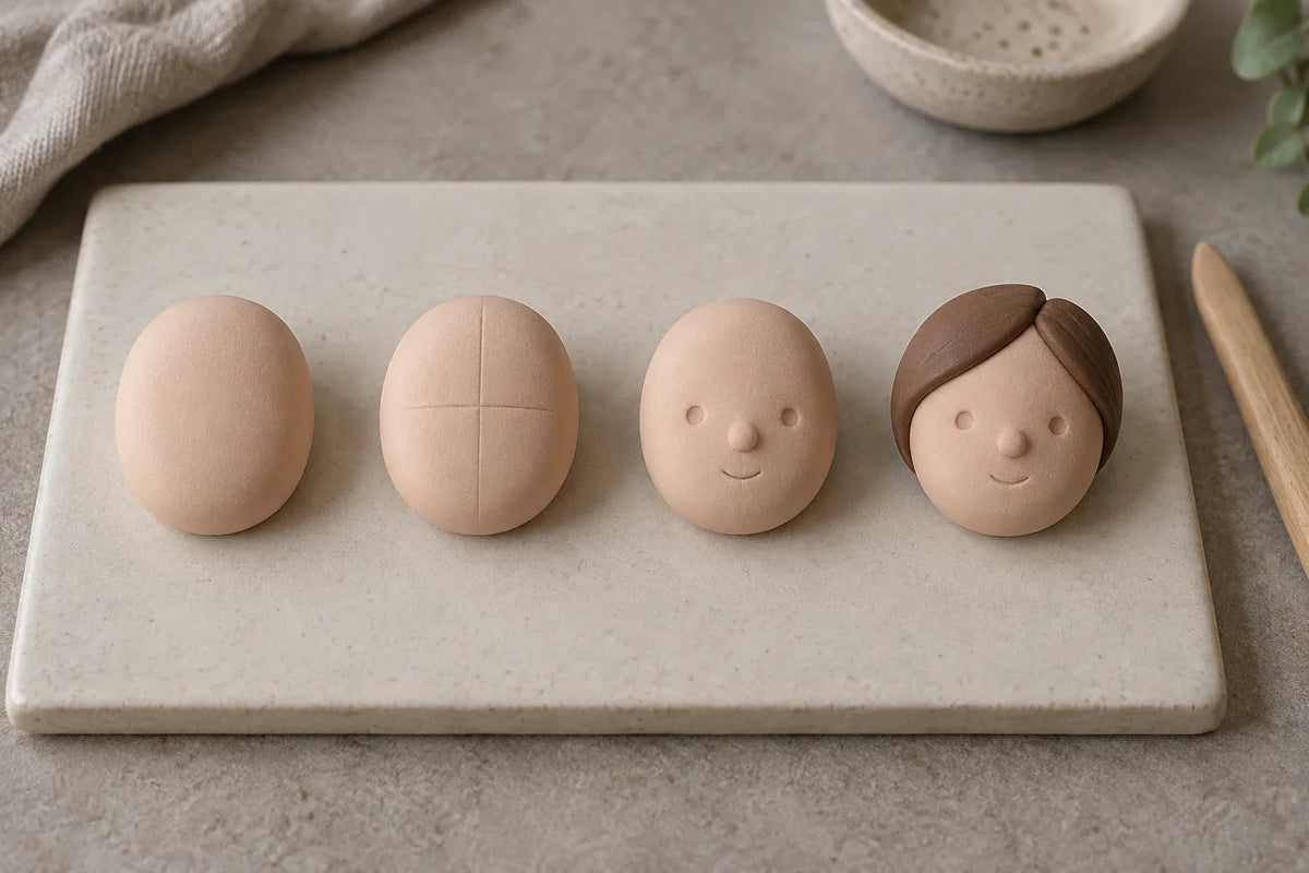 Four clay practice heads showing an oval, placement guides, face and simple hair