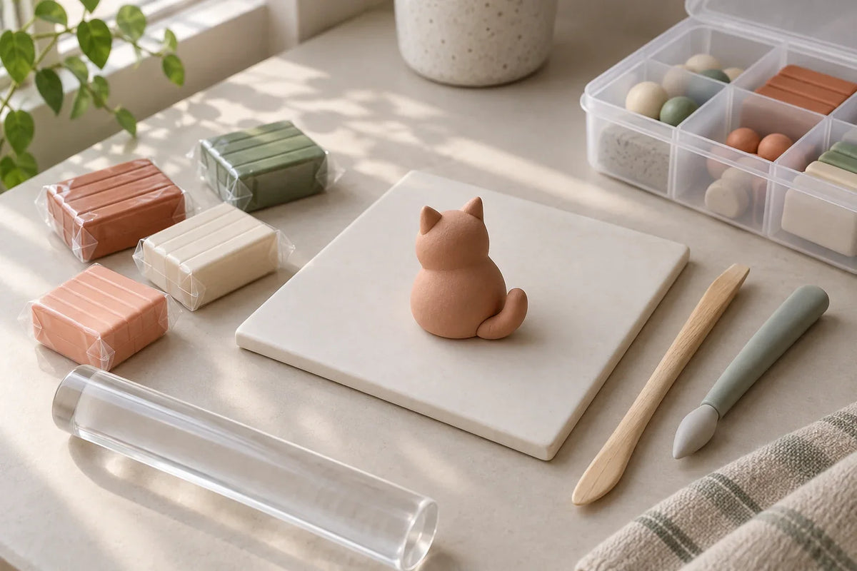 A tile, small clay blocks, roller, shaping tools and an unfinished clay cat