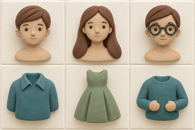 Clay studies of short hair, long hair, thick glasses, a shirt collar, broad dress folds and supported arms