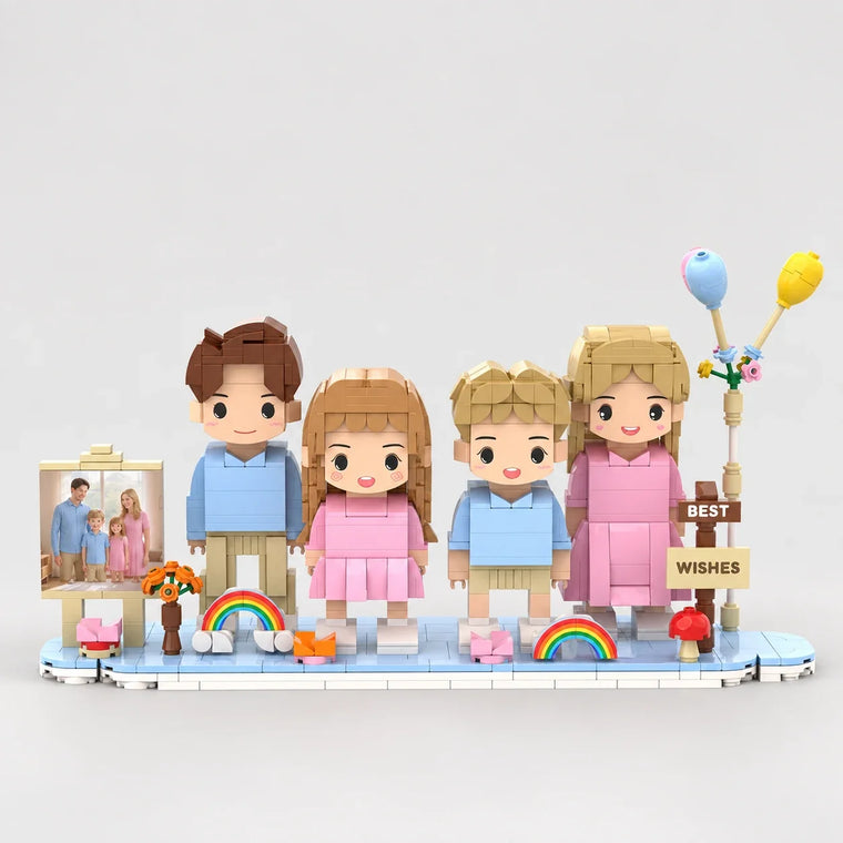 Four brick figures arranged together on a shared display base