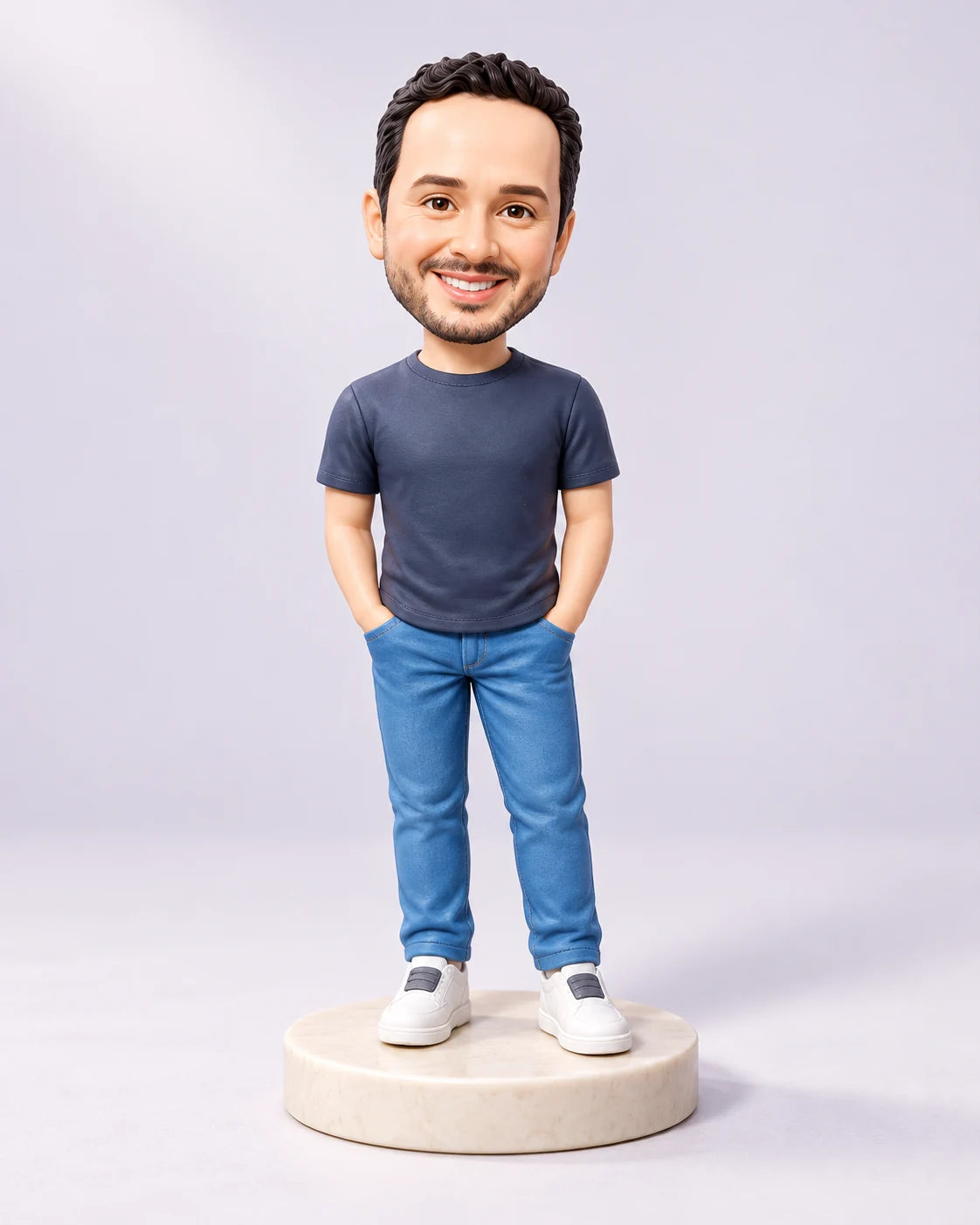 Custom VoxelPals bobblehead of one person, hand-sculpted in polymer clay and painted by hand