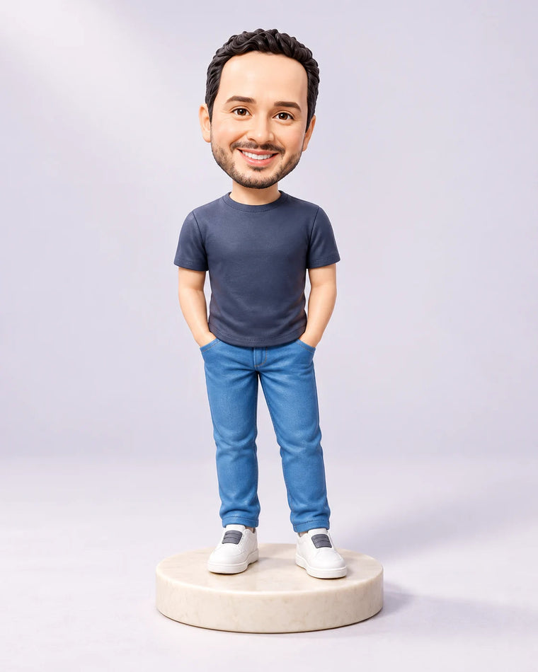 Custom VoxelPals bobblehead of one person, hand-sculpted in polymer clay and painted by hand