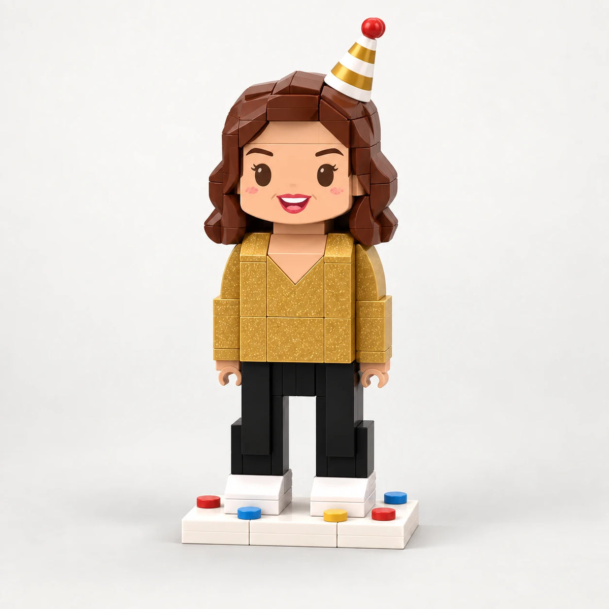 Figura a mattoncini per un compleanno, 1 persona su un’unica base a mattoncini color avorio (illustrazione di design generata dall’IA)