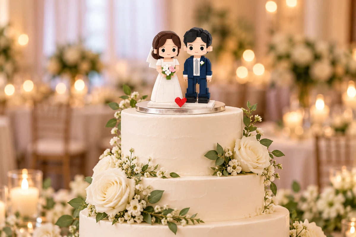 Wedding Cake Topper Brick Figures on a wedding cake (AI illustration, scene styling not included)