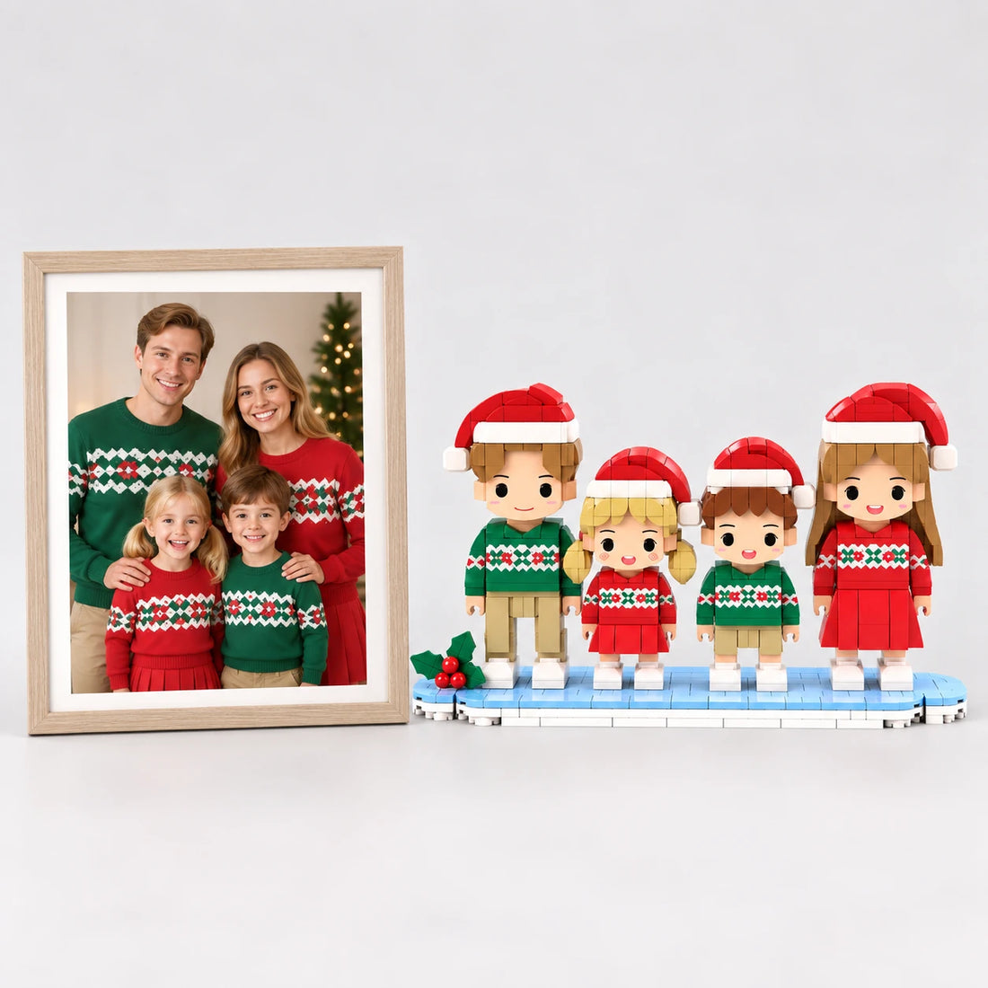Une photo de Noël à côté des figurines en briques assorties (illustration générée par IA d’une photo fictive)