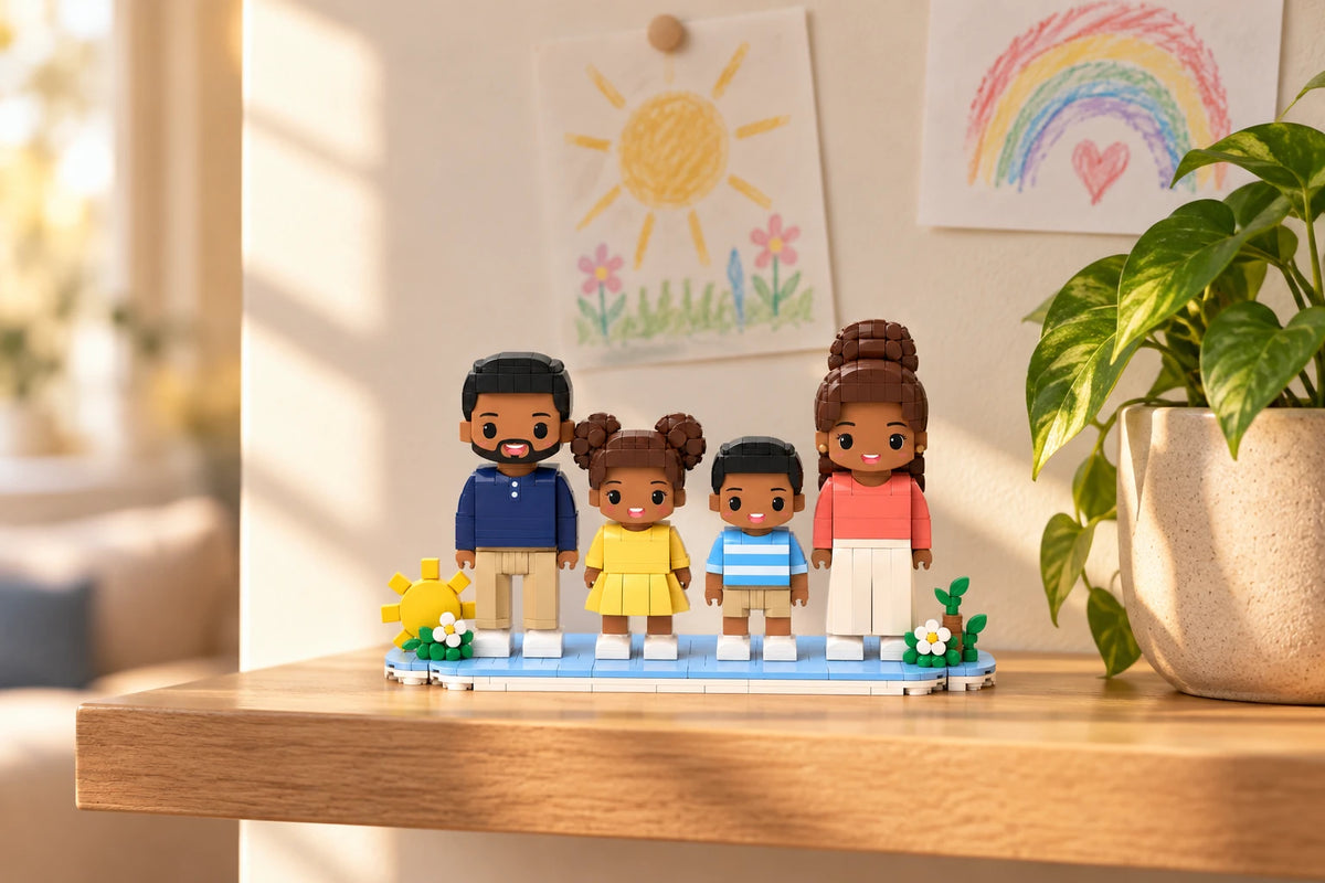 Figurines de famille en briques exposées à la maison (illustration générée par IA, décor de la scène non inclus)