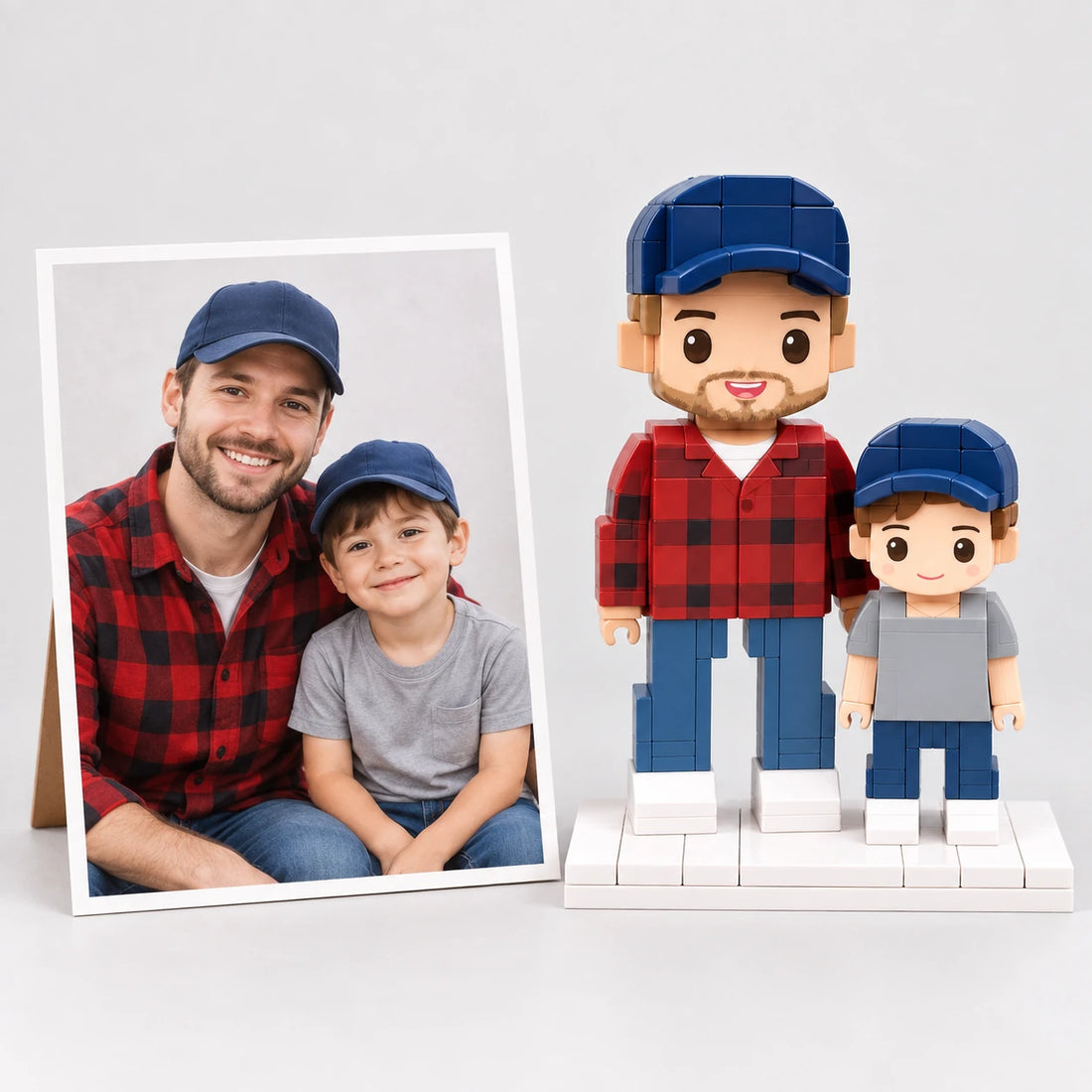 A father's day photo beside the matching brick figures (AI illustration of a fictional family photo)