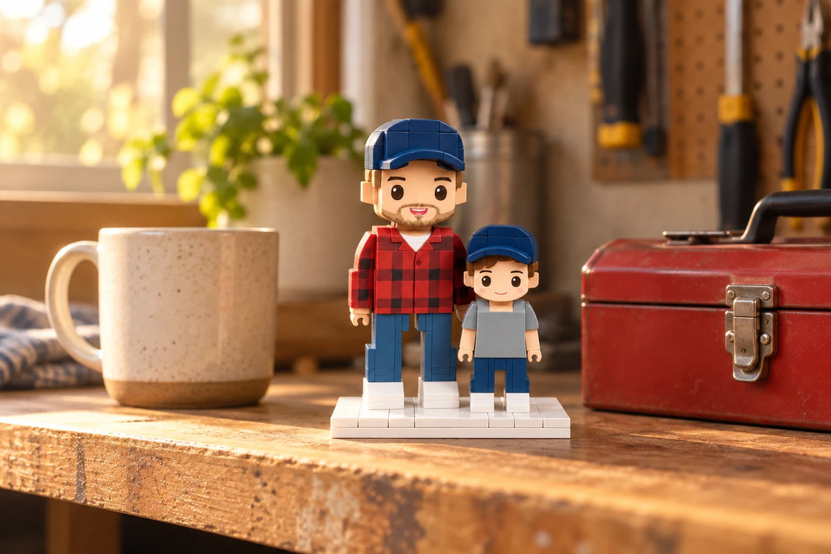 Father's Day Brick Figures displayed at home (AI illustration, scene styling not included)
