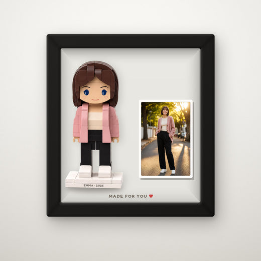 Framed Mini You — black frame — hand-built brick figure from your photo