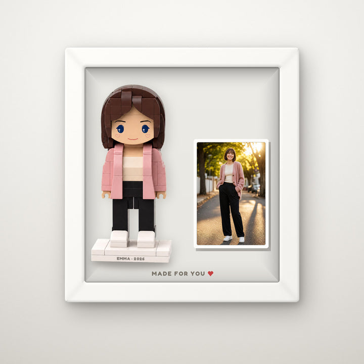 Framed Mini You — hand-built brick figure from your photo