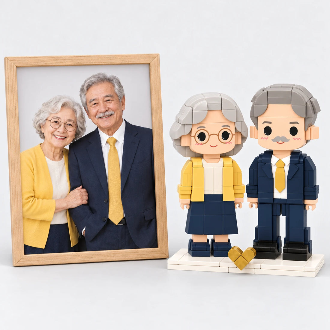 A golden wedding photo beside the matching brick figures (AI illustration of a fictional photo)