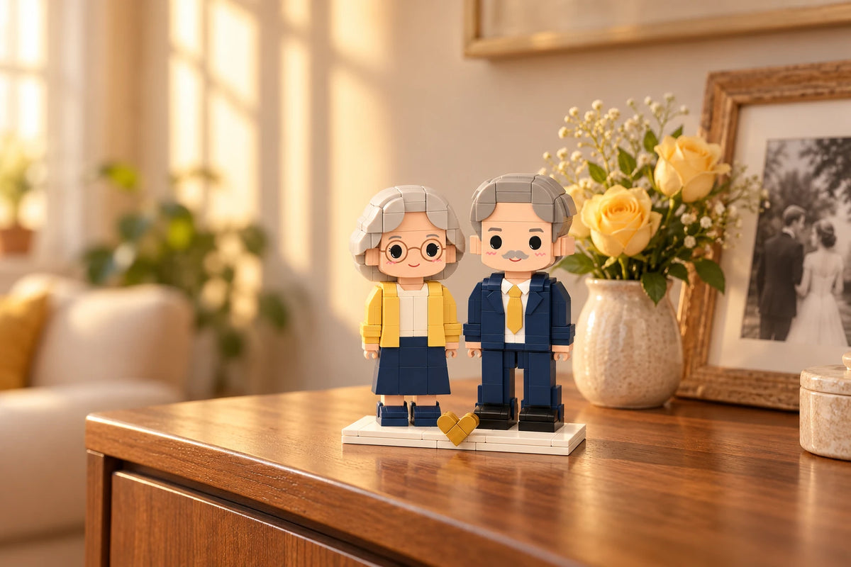 Golden Wedding Brick Figures displayed at home (AI illustration, scene styling not included)