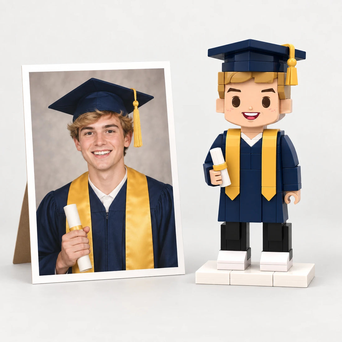 A graduation photo beside the matching brick figures (AI illustration of a fictional family photo)