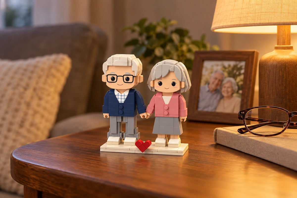 Grandparents Brick Figures displayed at home (AI illustration, scene styling not included)