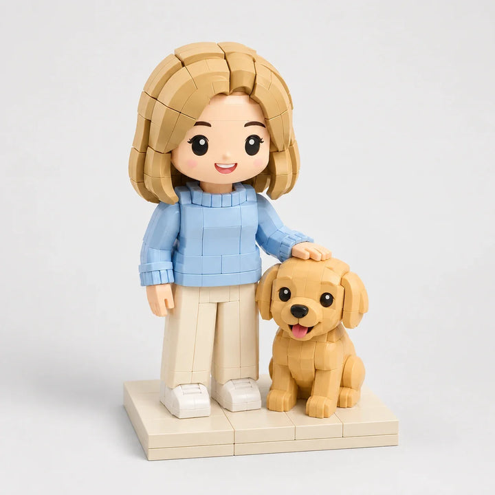 Mini You + animal — Vue studio. Illustration de design générée par IA ; vos propres photos servent de base à la figurine validée.