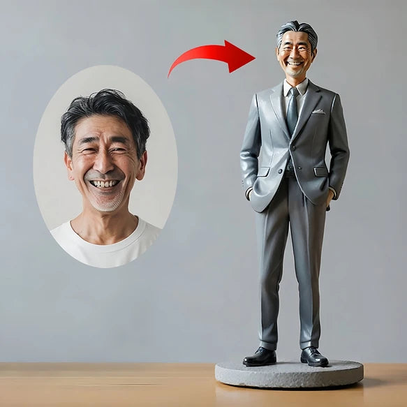 The silver suit — Style reference. Style Lab reference image; not a VoxelPals customer order. Your own photos guide the design. Head movement is confirmed in your design proof.